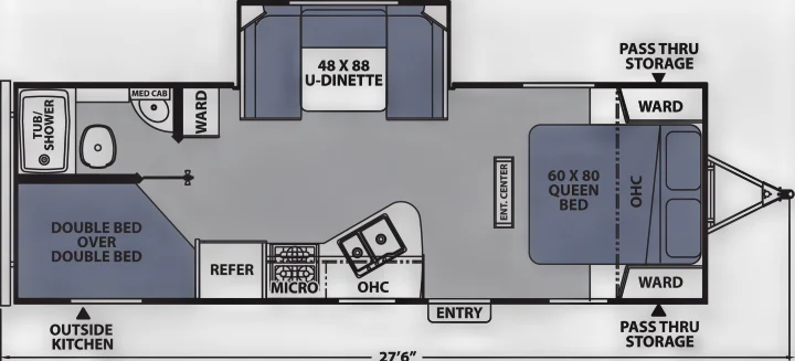 RV rental floor plan: A travel trailer interior showing queen bed, bunk beds, kitchen, bath, U-dinette, and storage.. Apex Nano 245 BHS 2020
