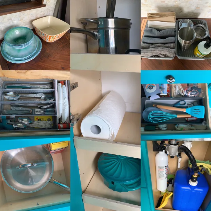 Organized RV rental kitchen features dishes, cookware, utensils, cleaning supplies, and a water system.. Dodge 2500 Promaster 2019