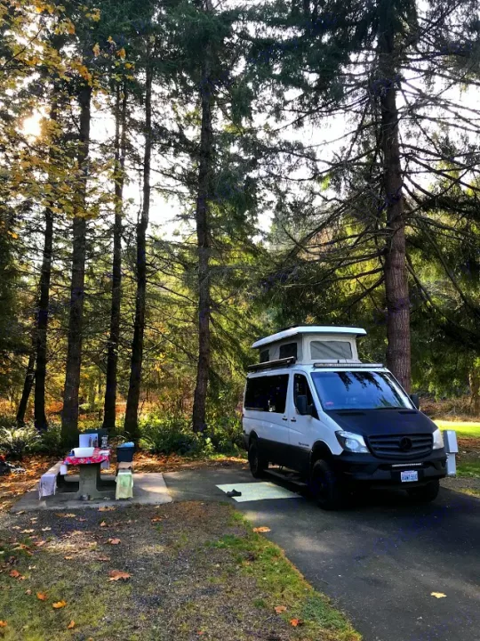 This white Mercedes Sprinter camper van, likely an rv rental, is set up at a peaceful forest campsite with a picnic table.. Mercedes Sprinter 2018