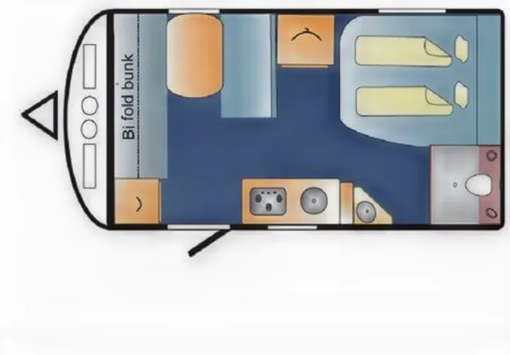 This RV rental floor plan features a bi-fold bunk, kitchen, twin beds, and a rear bathroom, ideal for compact travel.. Avan Aspire 499 Bunk 2020