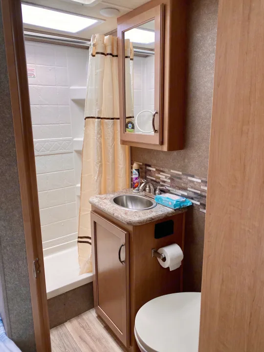 Clean and compact RV rental bathroom featuring a shower with curtain, vanity with sink, and toilet, perfect for road trips.. Thor Motor Coach Four Winds 2020