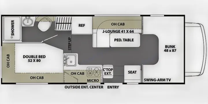 Explore this detailed RV rental floor plan. It highlights the double bed, J-lounge, kitchen, bathroom, and bunk for your travel planning.. Ford Freelander 20CB 2018