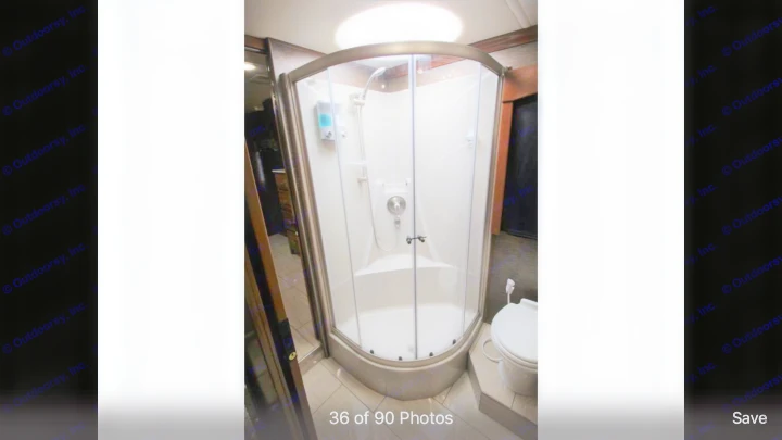 This RV rental features a compact, clean shower and toilet, perfect for comfortable travel.. Holiday Rambler Endeavor 2018