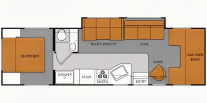 RV rental floor plan: A detailed motorhome interior layout showing a queen bed, kitchen, bathroom, dinette, sofa, and cab-over bunk.. Ford Fourwinds 2012