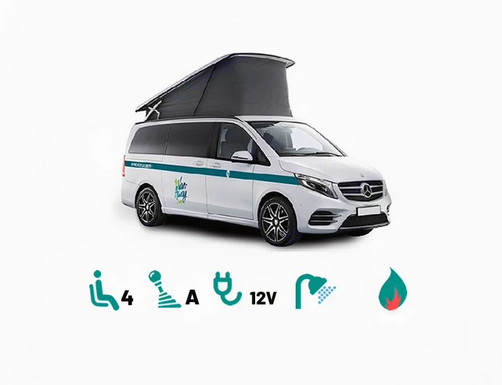 Mercedes-Benz camper van for rv rental, featuring a pop-top, 4 seats, automatic, 12V, shower, and heating.. Mercedes Marco Polo Class V 2019