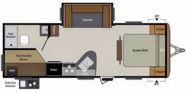 RV rental floor plan shows Queen bed, double bunks, kitchen, dinette, and bath. Perfect travel trailer layout for family camping.. Keystone Springdale 2017