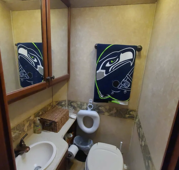 Detailed view of an RV rental bathroom, showing the sink, toilet, and a fan-favorite Seattle Seahawks towel.. Ford Fourwinds 2012