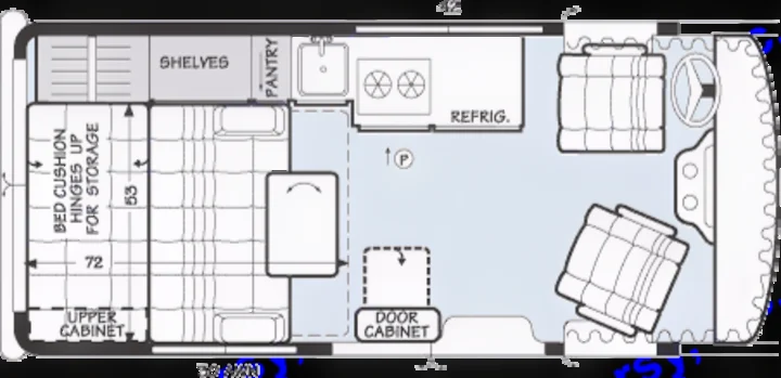 Interior floorplan - bed folds down, and second bed is in penthouse roof.. Sportsmobile E250 Hd Regular Length 2008