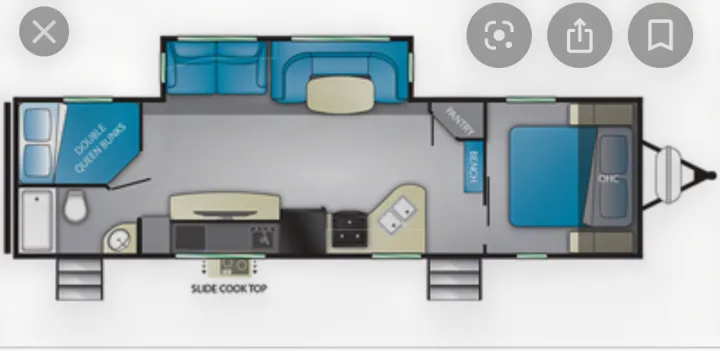 RV rental floor plan: Master bedroom (front), double queen bunks (rear), full kitchen, bath, and living area slide-outs.. Heartland North Trail 2019