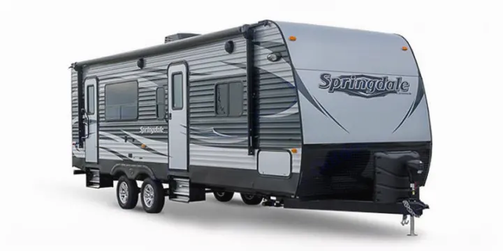 A sleek gray and black Springdale travel trailer, a great option for your next RV rental.. Keystone Springdale 2016
