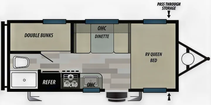 RV rental floor plan: A top-down view showing interior layout with double bunks, queen bed, dinette, kitchen, and bathroom.. Forest River Sonoma 2017