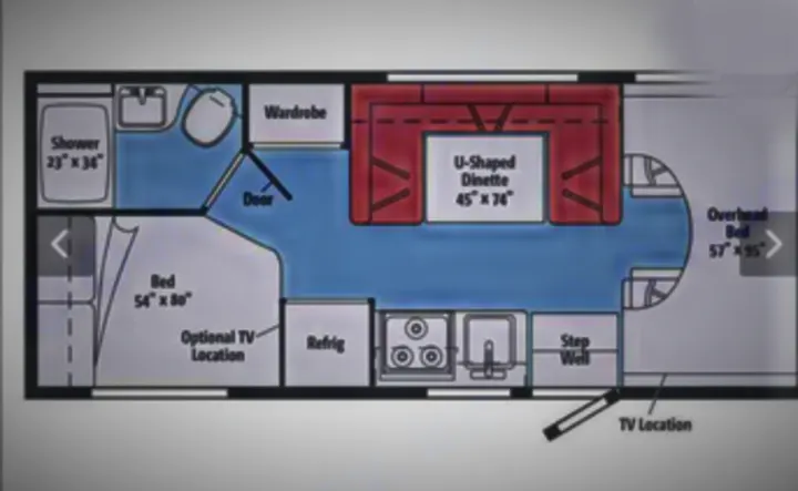 This RV rental floor plan shows a studio-style layout with a bed, U-shaped dinette, kitchen, and bath.. Winnebago Minnie Winnie 2020