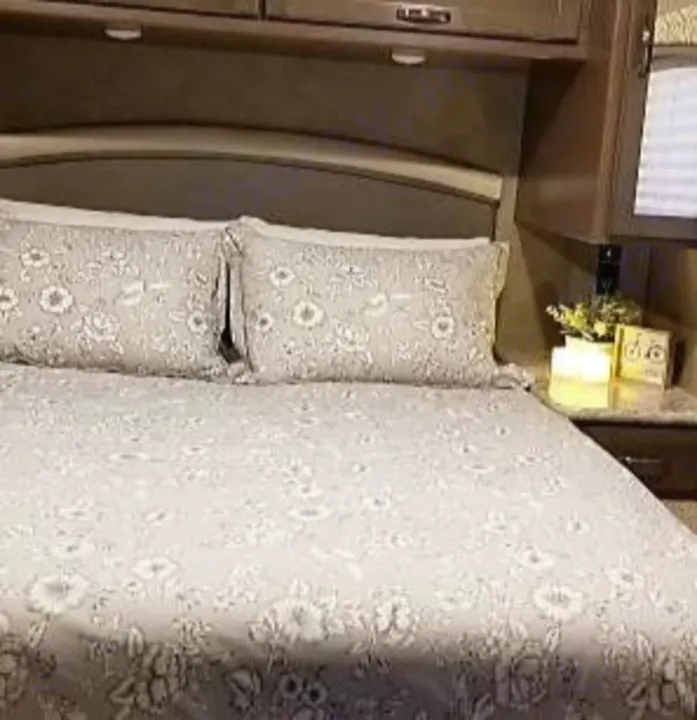 Experience comfort in this RV rental's cozy bedroom. It features a bed with floral linens, overhead cabinets, and a bedside lamp.. Other Other 2020