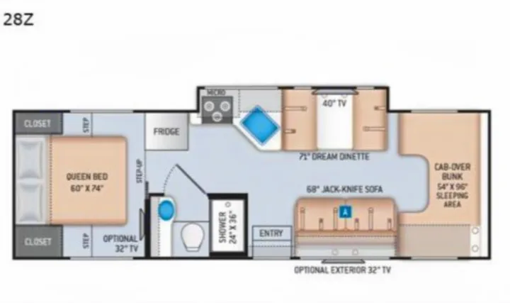 RV rental floor plan (28Z) with a queen bed, shower, dinette, sofa, and cab-over bunk, detailing the interior layout.. Other Other 2020