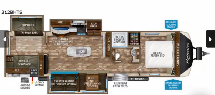 RV rental Reflection 312BHTS travel trailer floor plan, detailing interior layout with queen bed, bunks, kitchen, and living space.. Grand Design Reflection 2019