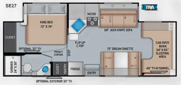 Explore this RV rental's detailed motorhome floor plan, featuring a king bed, dinette, kitchen, and bunk sleeping areas.. Thor Motor Coach Quantum SE27 2020