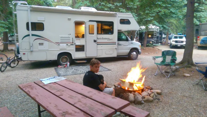 RV rental campsite scene: A young person with a dog by a roaring campfire, an RV parked, and a picnic table, surrounded by trees.. Dutchmen Other 2001