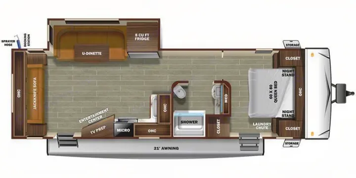 This RV rental floor plan showcases the spacious interior layout, including a queen bed, U-dinette, kitchen, and bathroom amenities.. Starcraft Travel Trailer 2020