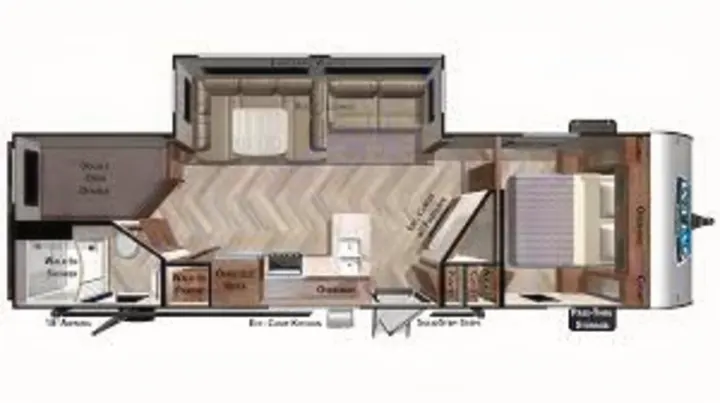Overhead RV rental floor plan for a large camper, detailing its layout with bedrooms, kitchen, and living space.. Forest River Salem 2021