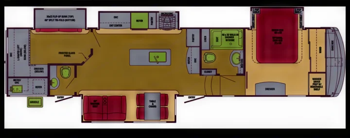 Detailed RV rental floor plan: Spacious interior layout with master bedroom, bunk area, kitchen, living, and multiple baths.. Palomino Columbus 2018