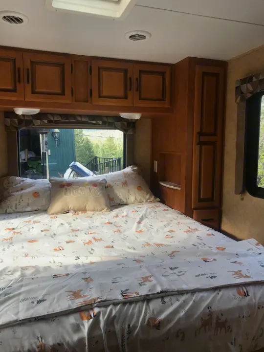 Cozy RV rental bedroom with forest animal bedding, wooden cabinets, and a scenic window view.. ForestRiver Sunseeker 2012