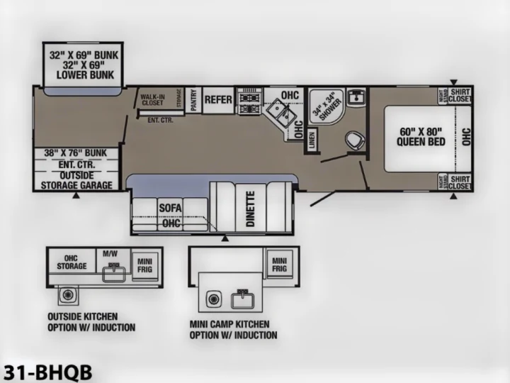 Detailed RV rental floor plan: 32x69 & 38x76 bunks, 60x80 queen bed, kitchen, bath, and outdoor options.. Palomino Puma 2018