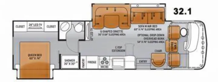 This RV rental floor plan details a spacious layout featuring a queen bed, full bath, kitchen, dinette, and sofa bed with an optional overhead bunk.. Thor Motor Coach Miramar 2014