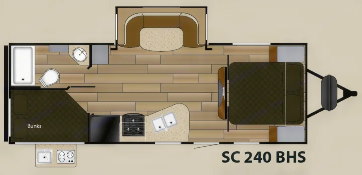 This RV rental floor plan (SC 240 BHS) displays a layout with master bed, bunks, kitchen, bath, dinette, and outdoor cooking.. Cruiser RV Shadow Cruiser 2019