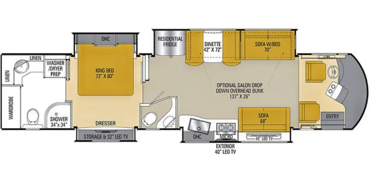 This RV rental floor plan showcases a spacious layout with a king bed, full bath, kitchen, dinette, and living area.. Coachmen Sportscoach 2018