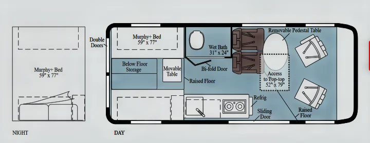 RV rental floor plan with day/night setups. Features include a convertible Murphy bed, wet bath, kitchen, and dining space.. Winnebago Solis 2021