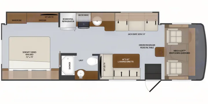 An RV rental floor plan detailing a king bed, dropdown queen bed, sofa, dinette, kitchen, and bathroom for comfortable travel.. HolidayRambler Admiral 2019