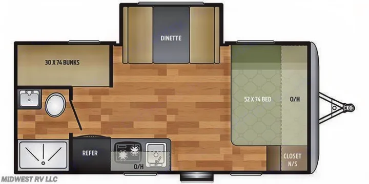 RV rental floor plan: view a travel trailer layout with bunk beds, dinette, 52x74 bed, kitchen, and full bathroom.. Keystone Springdale 2019