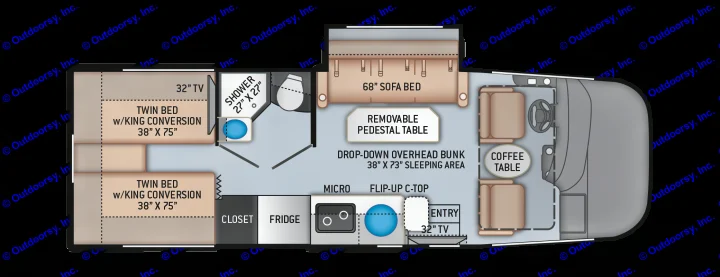 RV rental floor plan: Twin beds convert to king, sofa bed, drop-down bunk, kitchen, and bath for comfortable travel.. Thor Motor Coach Vegas 24.1 2020