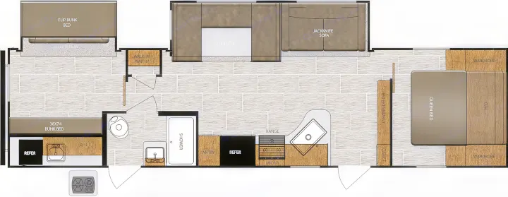 Detailed RV rental floor plan with queen bed, bunk beds, U-dinette, kitchen, and bath, outlining the interior layout.. Prime Time Avenger 2021