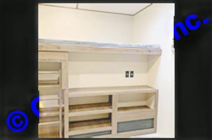 Inside this RV rental: a bunk bed over a wooden entertainment center with outlets & shelving. Perfect for family trips.. Prime Time Avenger 2021