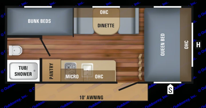 RV rental floor plan: queen bed, bunk beds, dinette, kitchen (micro, OHC), full bath (tub/shower), and 10' awning.. Jayco Jay Flight 2018