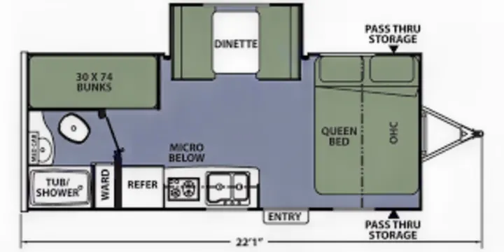 RV rental: 22'1" travel trailer floor plan with queen bed, 30x74 bunks, kitchen, bath, and dinette layout.. Apex Nano 193 BHS 2020