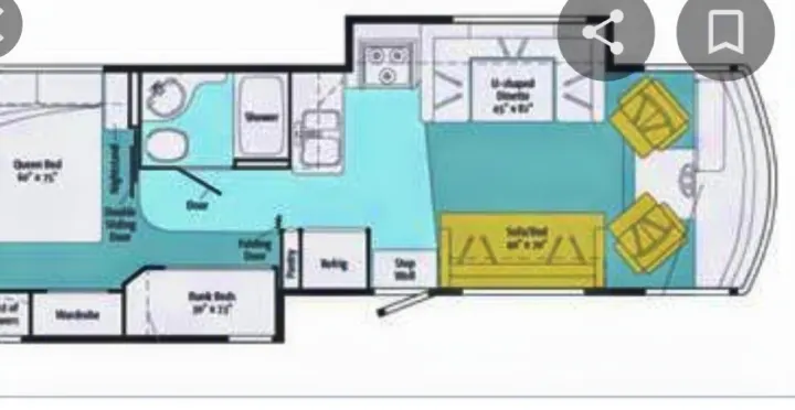 This RV rental floor plan details a motorhome interior: queen bed, bunk beds, kitchen, bath, dinette, and living area.. Winnebago Vista 2013