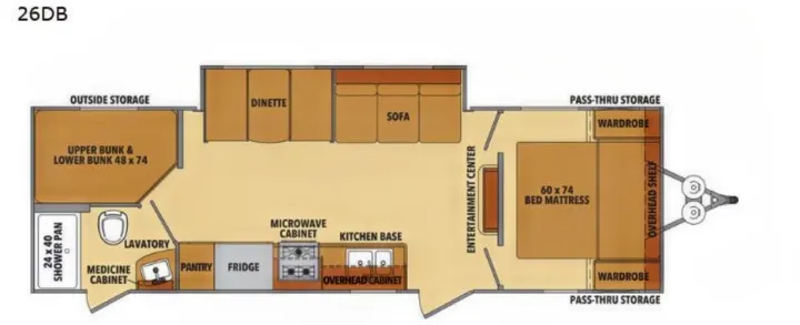 Explore this 26DB RV rental floor plan, detailing interior layout: main bed, bunks, kitchen, bath, dinette, and storage for travel.. Shasta Shasta 2020