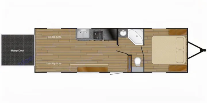 RV rental floor plan: ramp door, kitchen, bath, bed, & fold-up sofas for versatile living space.. Heartland Pioneer 2016