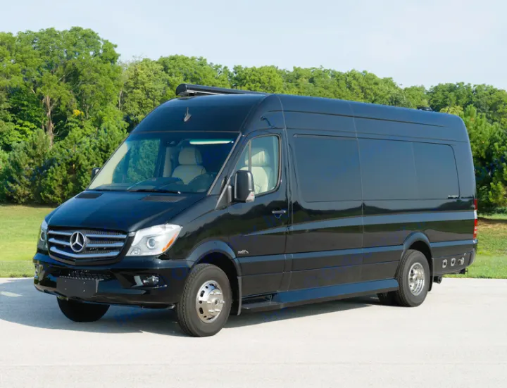 Black Mercedes-Benz Sprinter luxury RV rental van, parked outdoors. Ideal for comfortable travel.. Other Other 2020