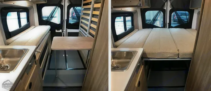 RV rental's adaptable interior: see it convert from dining/seating with a sink to a spacious bed.. Winnebago Solis 2021