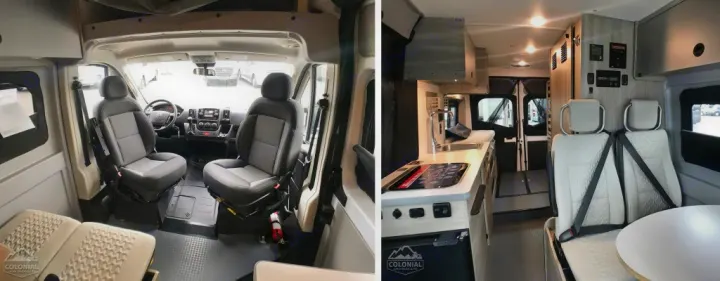 Inside a modern **RV rental**: front seats, kitchen with sink, and a comfortable dining/sleeping area for your adventures.. Winnebago Solis 2021