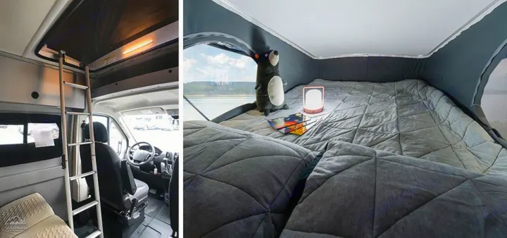 Cozy RV rental pop-top bedroom with scenic water view, accessible by ladder from the main cabin.. Winnebago Solis 2021