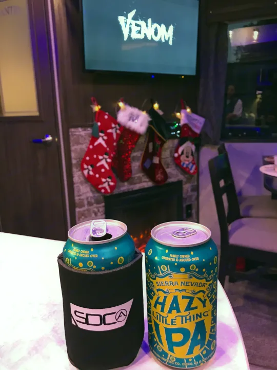 Two Sierra Nevada IPAs for a cozy RV rental movie night watching Venom by the Christmas stockings & fireplace.. Forest River Cherokee Wolf Pack 2019