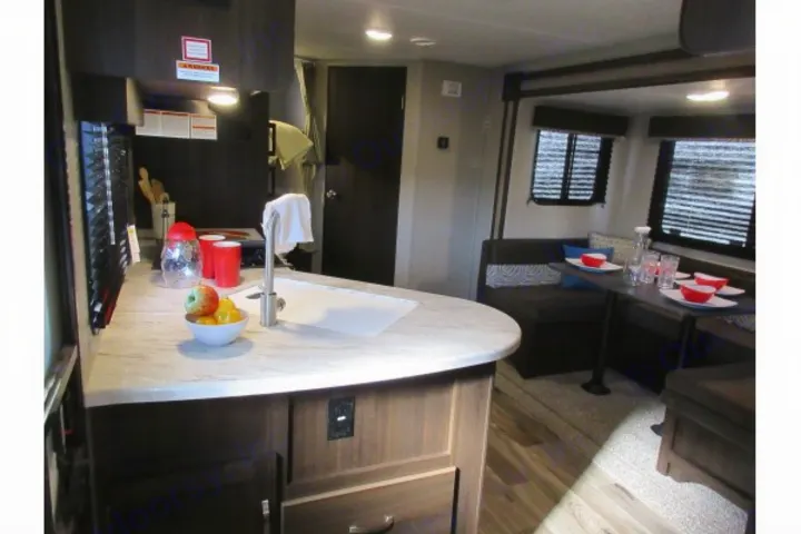 Spacious RV rental interior featuring a bright kitchen with a sink, fruit bowl, and a comfortable dining dinette.. Keystone Springdale 2020