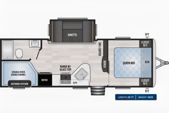 This RV rental floor plan displays a queen bed, double bunks, dinette, kitchen, and bathroom. Length: 28'11", Weight: 5839.. Keystone Springdale 2020