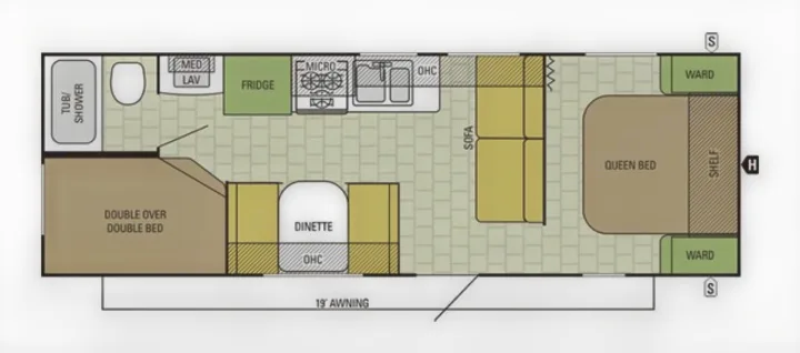 Floor plan for an RV rental featuring a queen bed, double bunk beds, full kitchen, bathroom, dinette, and sofa.. Starcraft Ar-One 2017