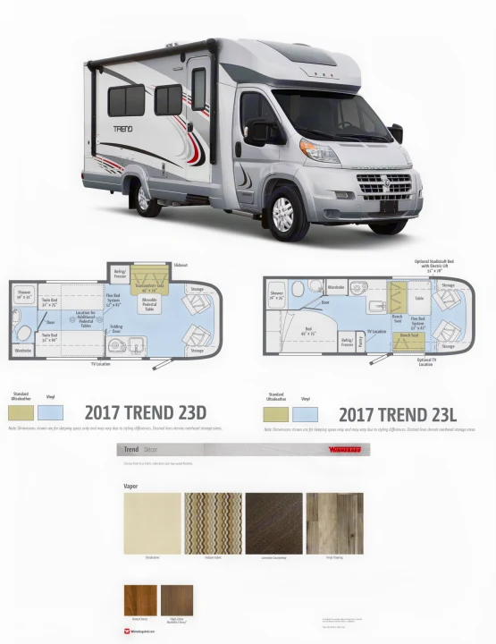Explore a Winnebago Trend RV perfect for rv rental, with 2017 23D/23L floor plans and interior decor choices.. Winnebago Trend 2017
