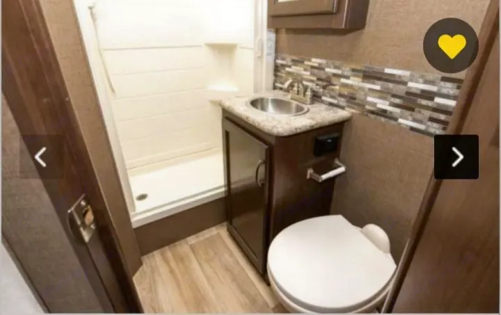 RV rental bathroom features: compact standing shower, sink vanity, and toilet. Efficient and convenient for your travels.. Thor Freedom Elite 2018